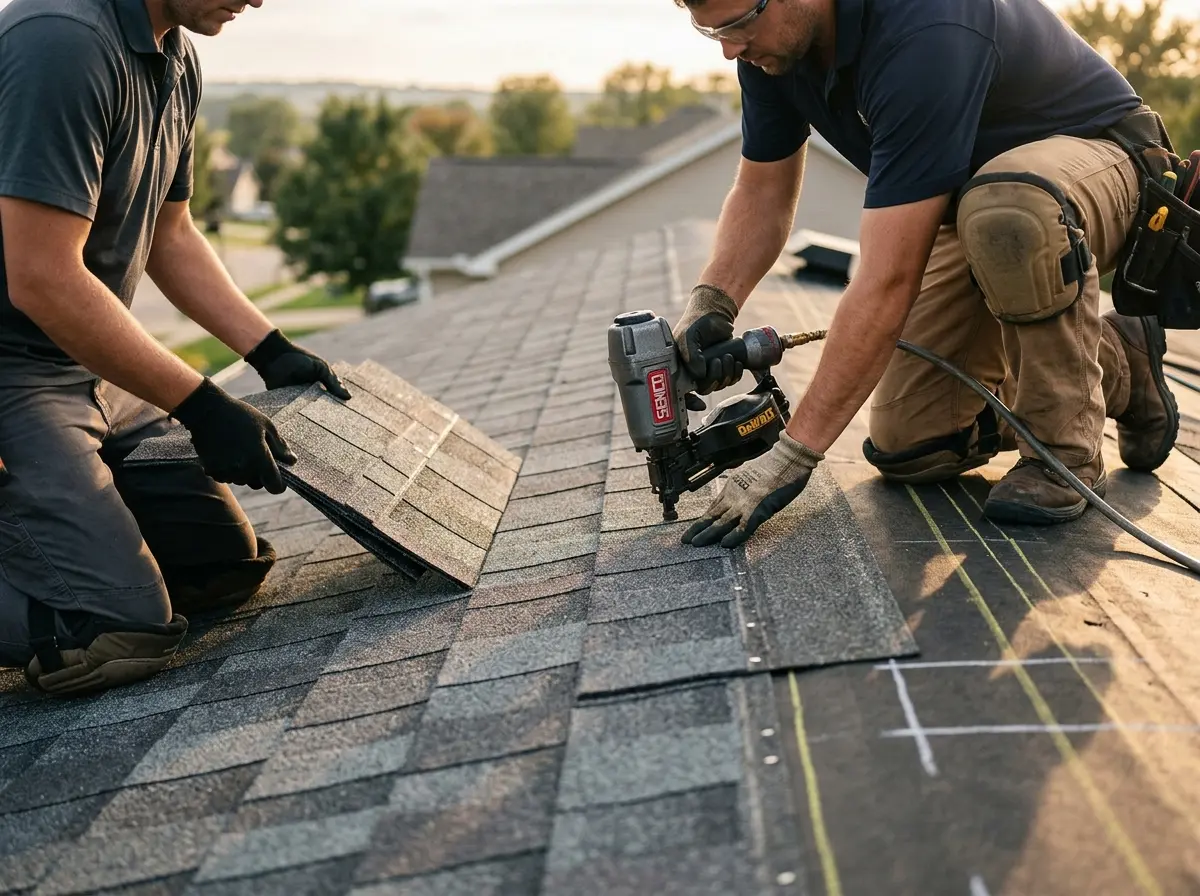 Professional roofer working on a residential roof in Ellwood City